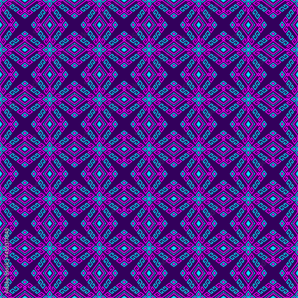 Magenta Turquoise Tribal or Native Seamless Pattern on Purple Background in Symmetry Rhombus Geometric Bohemian Style for Clothing or Apparel,Embroidery,Fabric,Package Design