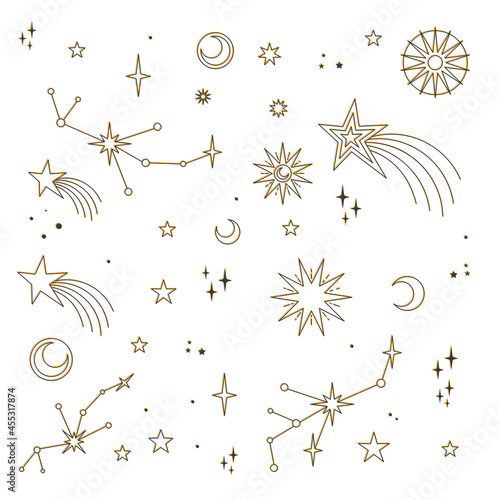 Stars, moons and constellations. Linear design astrology elements. Seamless pattern of celestial space background.