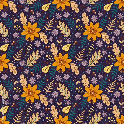 Sunflower autumn seamless pattern. Floral background with fall leaves and colorful flowers on dark background