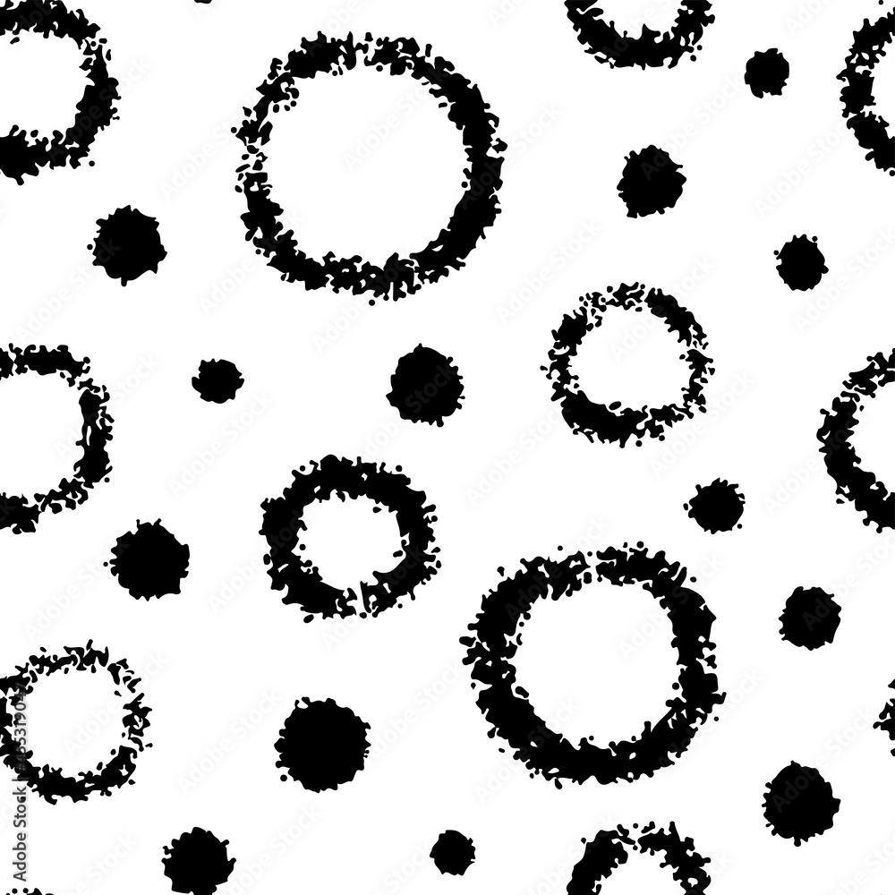 Black ink circles, balls, rings, bubbles isolated on white background. Monochrome geometric seamless pattern. Vector simple flat graphic hand drawn illustration. Texture. Black ink circles, balls, rings, bubbles isolated on white background. Monochrome geometric seamless pattern. Vector simple flat graphic hand drawn illustration. Texture.