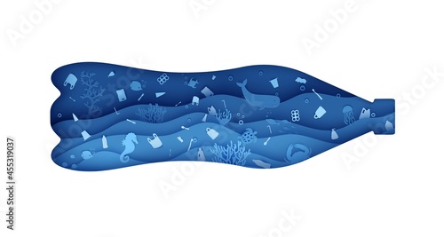 Plastic Bottle from hole with garbage underwater in paper cut style. Blue ocean waves with whale fish crab turtle and other marine animals . 3d realistic vector background for environmental poster
