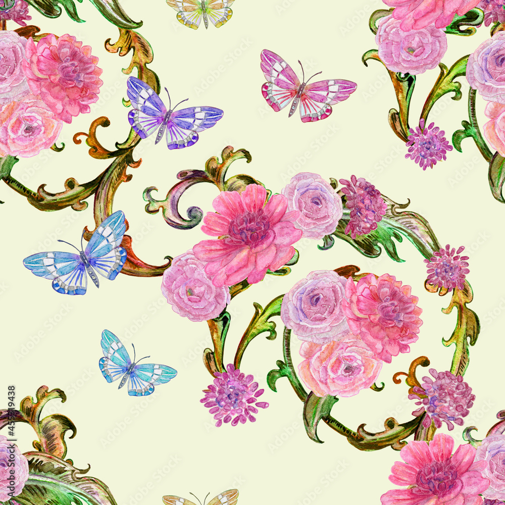 seamless texture with baroque composition of pink flowers and flying butterflies around. watercolor painting