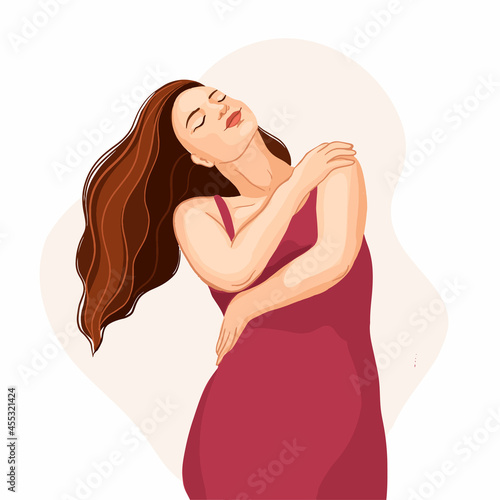 Beautiful girl hugs herself and enjoys, self-love and harmony concept, vector illustration