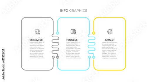 Business infographic template. Timeline process elements design with thin line and 3 options. Vector illustration.