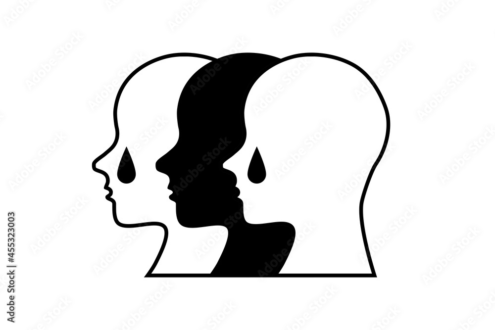 Crying crowd of people. Sad group of humans conceptual symbol. Black and white icon illustration.