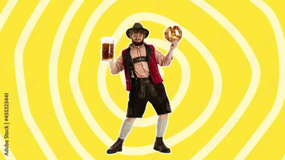 custom made wallpaper toronto digitalStop motion design or art animation. Oktoberfest young man in hat, wearing a traditional Bavarian clothes at full-length with beer, 4k video animated. Modern, conceptual, contemporary bright art colla