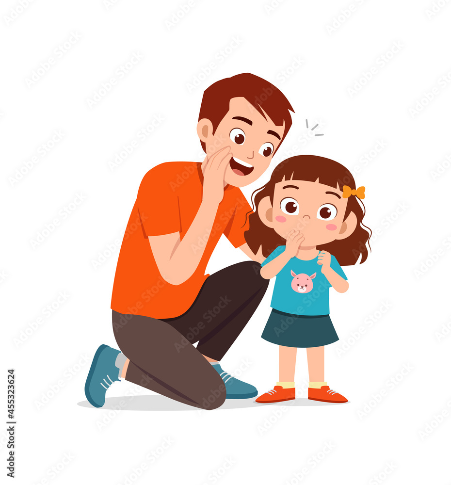 young man whisper secret to cute little girl