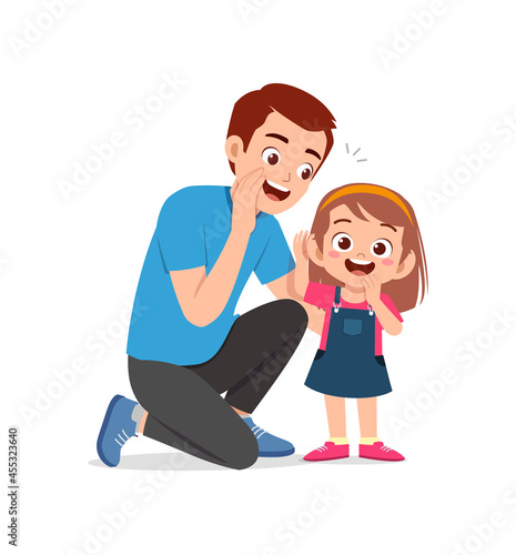 young man whisper secret to cute little girl