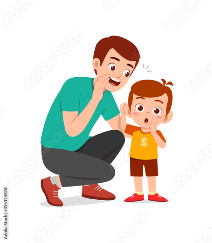 young man whisper secret to cute little boy