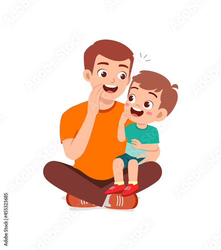 young man whisper secret to cute little boy