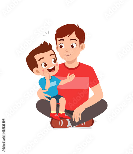 young man whisper secret to cute little boy