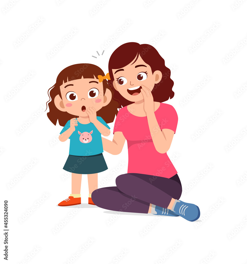 young woman whisper secret with cute little girl young woman whisper secret with cute little girl