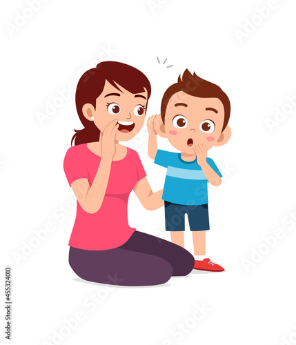 young woman whisper secret with cute little boy