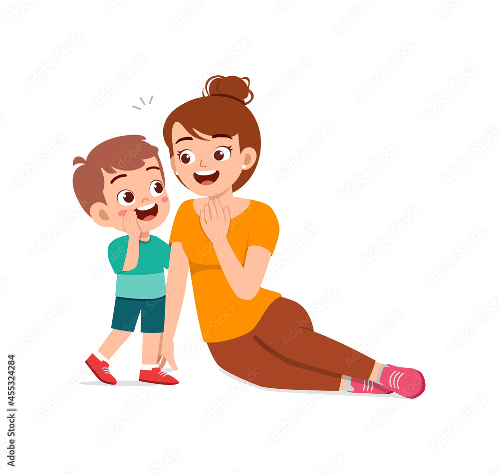 young woman whisper secret with cute little boy young woman whisper secret with cute little boy
