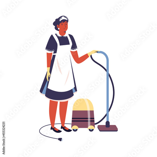 Vector flat cartoon illustration of character of female maid in uniform with vacuum cleaner isolated on white background. Concept of character of hotel staff.