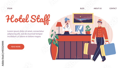 Web template with flat illustration of hotel staff. Landing design with reception and bellhop.