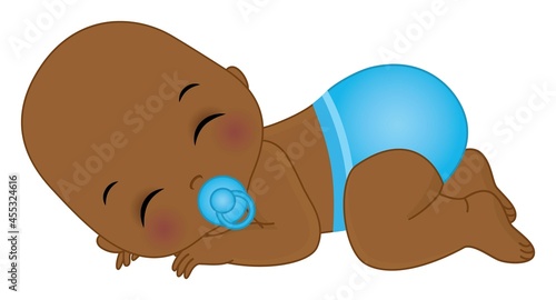 African American Baby Boy Wearing Blue Diaper Sleeping. Vector Black Baby Boy with Pacifier