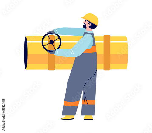 Employee in helmet and uniform of oil refinery turns valve on large pipe. Vector flat cartoon illustration of gas or oil industry worker character isolated on white background.