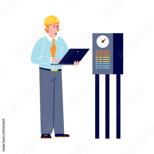 Vector flat cartoon illustration of character of engineer at oil refinery stands with laptop in his hands next to measuring device isolated on white background.