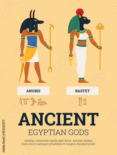 Vector poster with images egyptian ancient gods of bastet and anubis