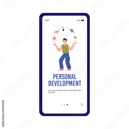 Personal development onboarding mobile page mockup, flat vector illustration.