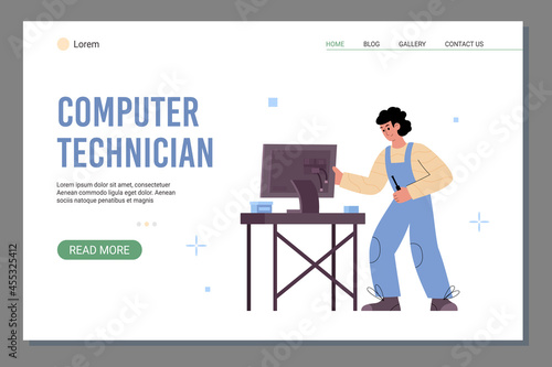 Computer technician website with repairman in workshop, vector illustration.