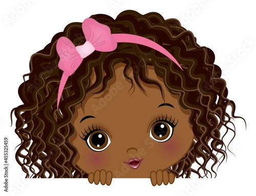 Cute Little African American Bay Girl Playing Peekaboo. Vector Peek a Boo Black Girl