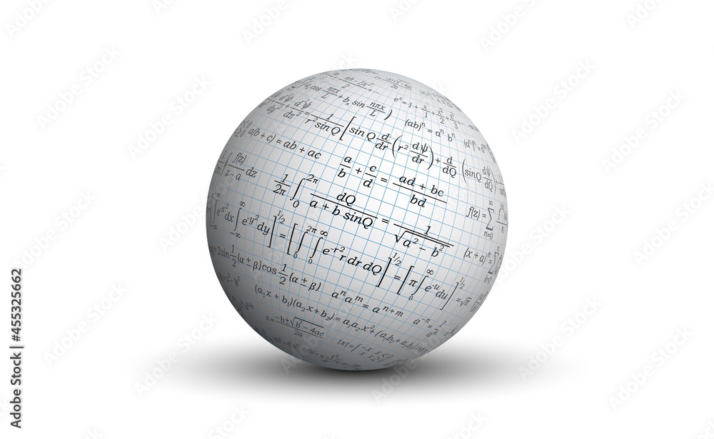 Background for a presentation on mathematics. Formulas for mathematics on an isolated ball. A white three-dimensional sphere with graphic images of the paper texture and a set of formulas. Background for a presentation on mathematics. Formulas for mathematics on an isolated ball. A white three-dimensional sphere with graphic images of the paper texture and a set of formulas.