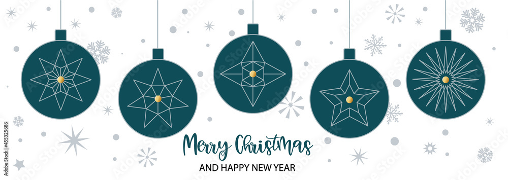 Merry Christmas and happy new year card with christmas baubles Merry Christmas and happy new year card with christmas baubles