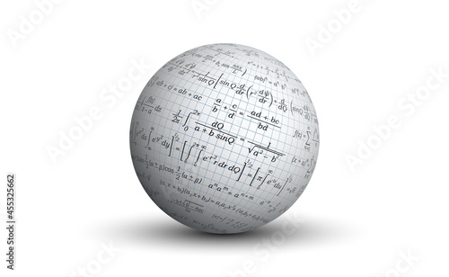 Background for a presentation on mathematics. Formulas for mathematics on an isolated ball. A white three-dimensional sphere with graphic images of the paper texture and a set of formulas.