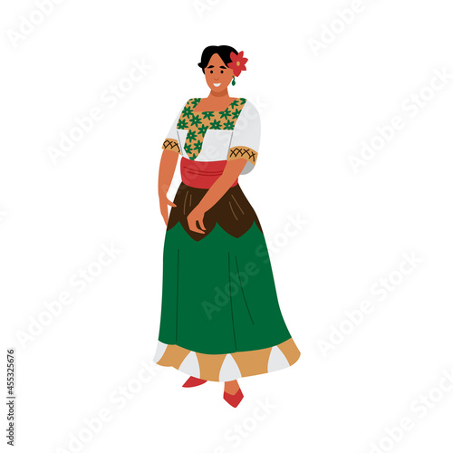 Brunette woman full lengt in mexican costume, flat vector illustration isolated.