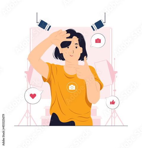 Professional photographer taking pictures with camera shot gesture concept illustration