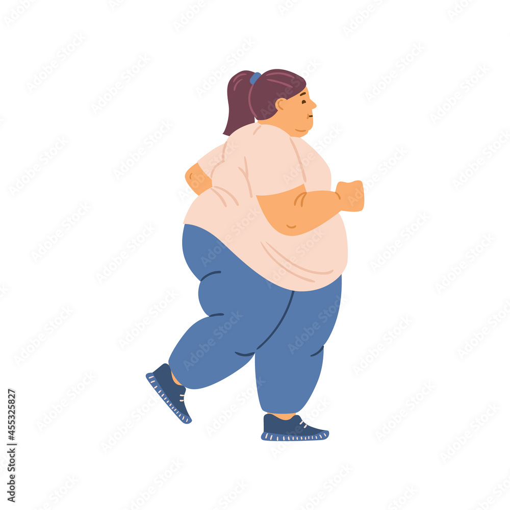 Overweight fat woman running or jogging, flat vector illustration isolated. Overweight fat woman running or jogging, flat vector illustration isolated.