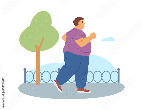 Overweight fat man running or jogging outdoors flat vector illustration isolated.