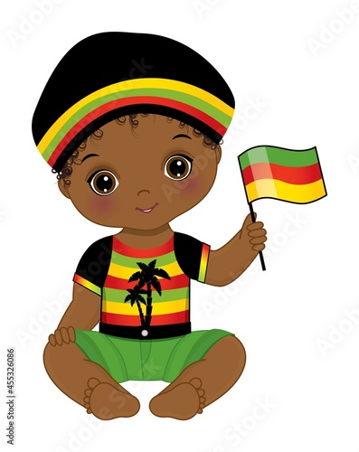 Reggae African American Baby Boy Holding Flag. Vector Reggae Black Baby Boy