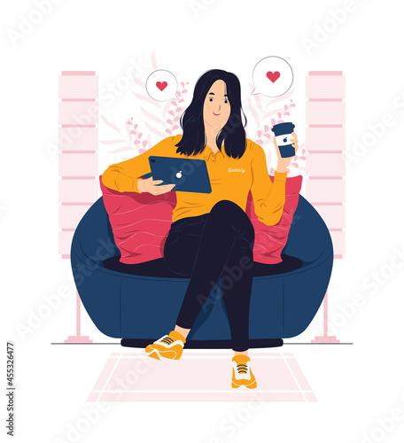Woman relaxing at home and getting coffee break concept illustration
