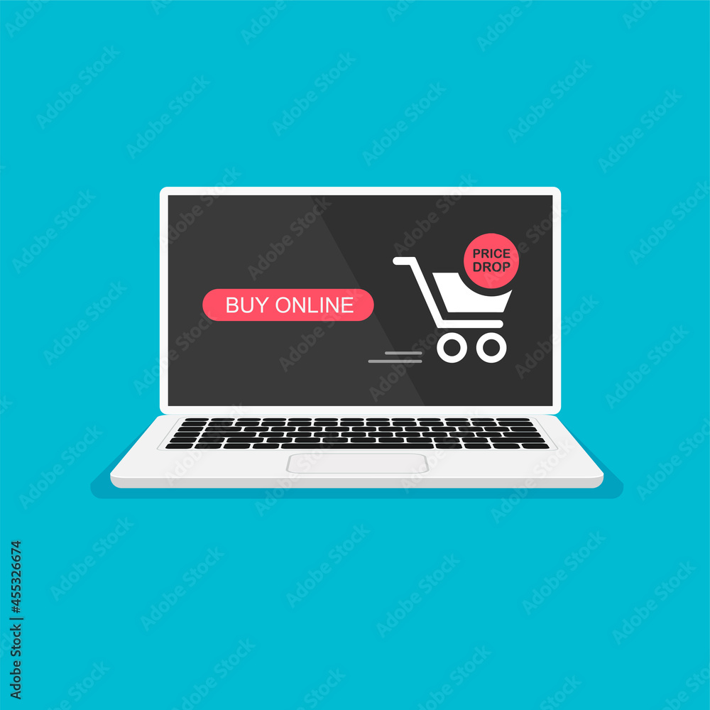 Shopping cart with red button. Online ordering notification on laptop screen. Home shopping. Vector illustration. Shopping cart with red button. Online ordering notification on laptop screen. Home shopping. Vector illustration.