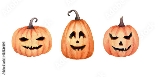 Watercolor hand drawn spooky pumpkins. Halloween orange pumpkins on white background isolated. Happy Halloween!