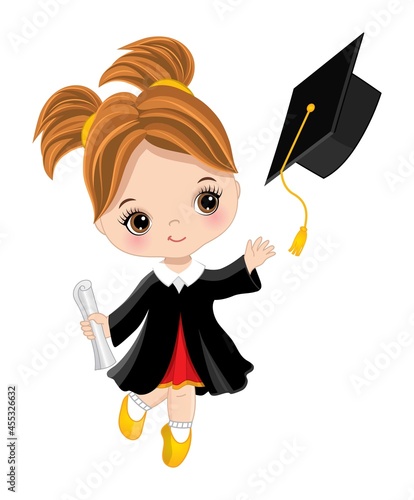Cute Little Girl Dressed in Black Gown Throwing Graduation Cap. Vector Graduation Girl
