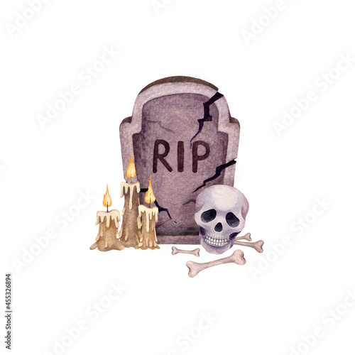 Watercolor hand drawn headstone with candles, skull and bones. Nice halloween composition on white background isolated. Happy Halloween!