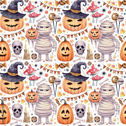 Hallowen seamless pattern. Watercolor hand drawn endless texture. Nice festive ornament. Halloween decorations, pumpkins, mummy, skull, lollipops, garlands, candles, eyes, caramels, fly agarics 