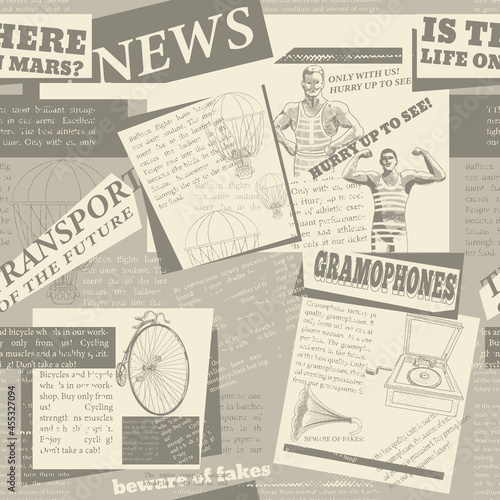 Seamless pattern of cut-out articles from retro newspapers. With a collage of newspaper clippings, vintage items and unreadable text.