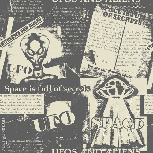 Vintage seamless pattern with a collage of newspaper clippings about UFOs and aliens. Background with old, unreadable text, titles and illustrations on the theme of space. Newspaper print from scraps.