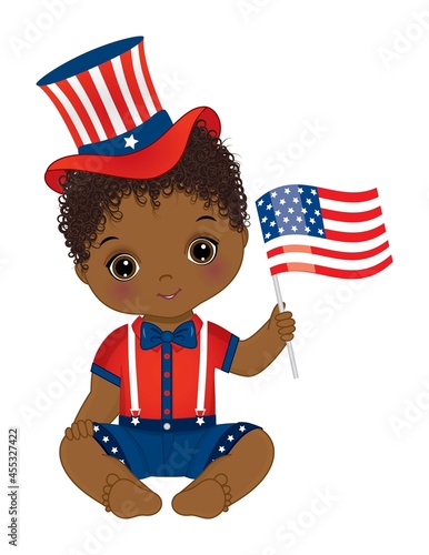 Patriotic Cute Black Baby Boy Holding American Flag and Wearing Uncle's Sam Hat. Vector Black Little Boy