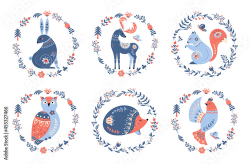 Scandinavian nordic folk forest animals vector set