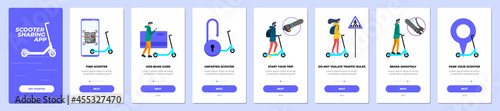Electric scooter sharing mobile app onboarding screen set. Eco transport rental service instruction banner templates for frontend website and application development. Vector eps design