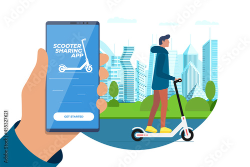 Electric scooter sharing mobile app with riding guy. Eco transport online rental service application advertising banner. Human hand holding smartphone on modern city background. Vector illustration