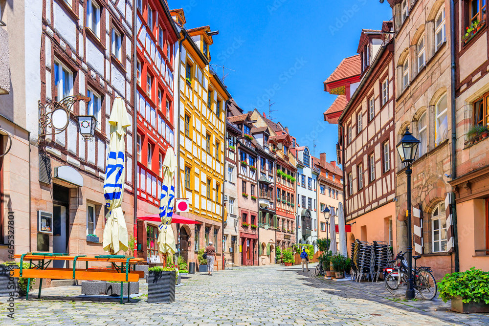 Nuremberg, Germany. Half timbered Houses in Nuremberg. Weissgerbergasse.