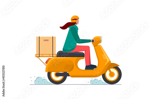 Express delivery service female courier on moped. Online fast logistic woman on motor scooter with orders parcel box. Goods or food carrying vector eps isolated flat illustration