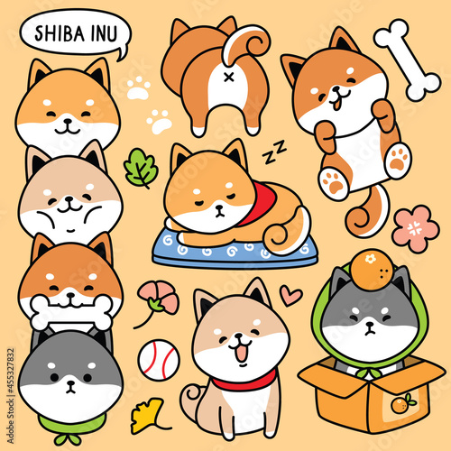 illustration vector set cartoon cute dog japan shiba inu 